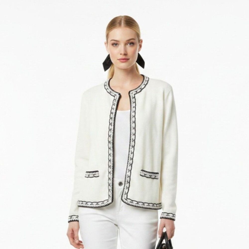 Grace Elements White & Black Woven Knit Long Sleeve Cardigan Sweater M